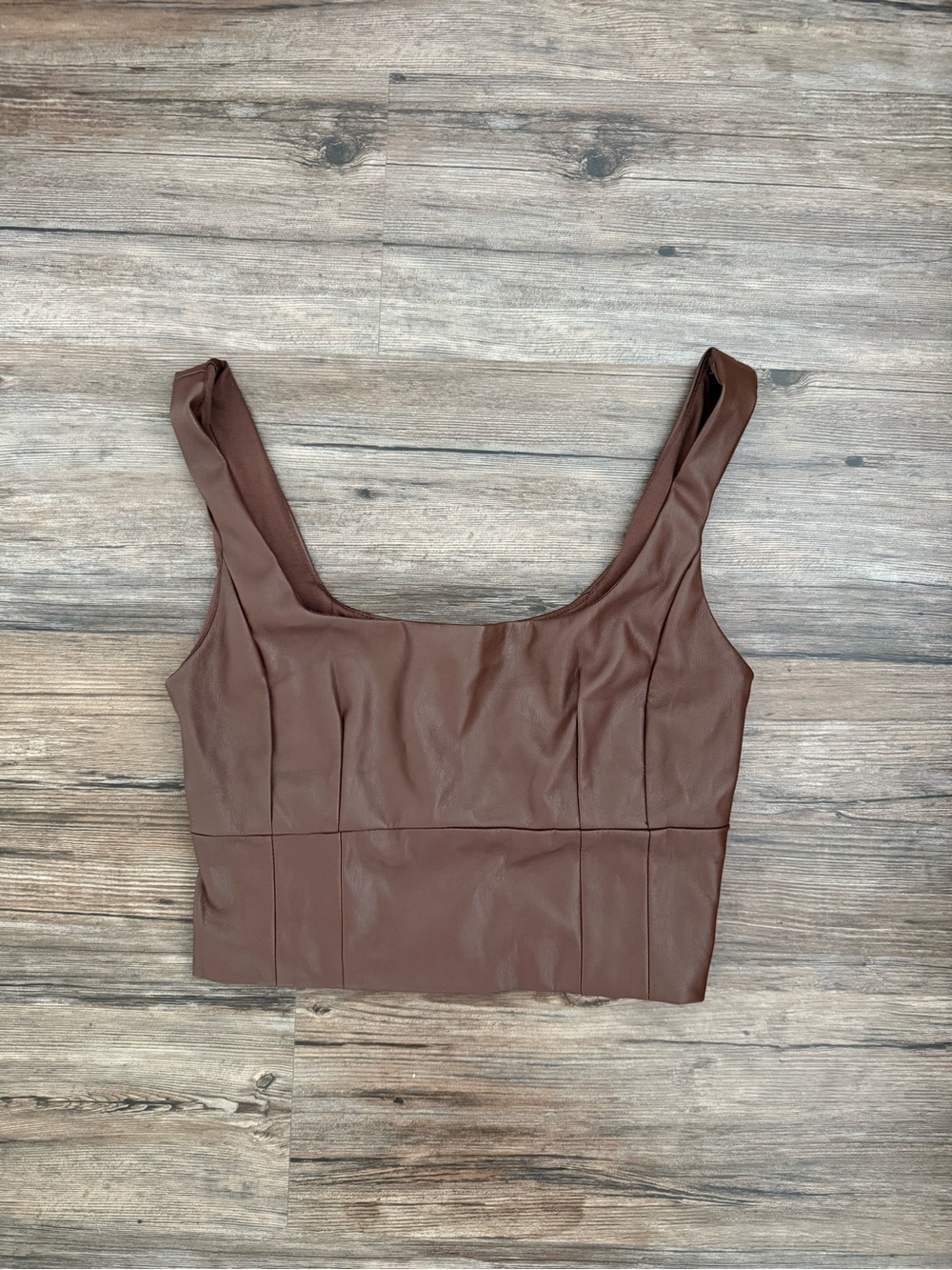 Faux Leather Double Lined Stretch Cropped Tank Brown Size M